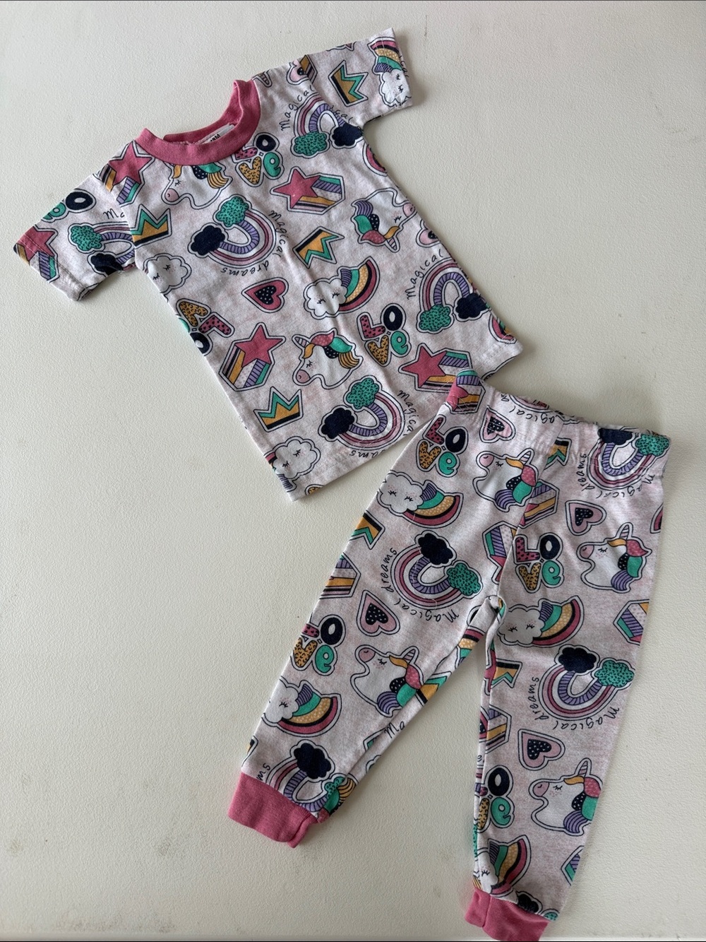 Mon Petit - Unicorn & Rainbow Pajama Set - Pink Trim